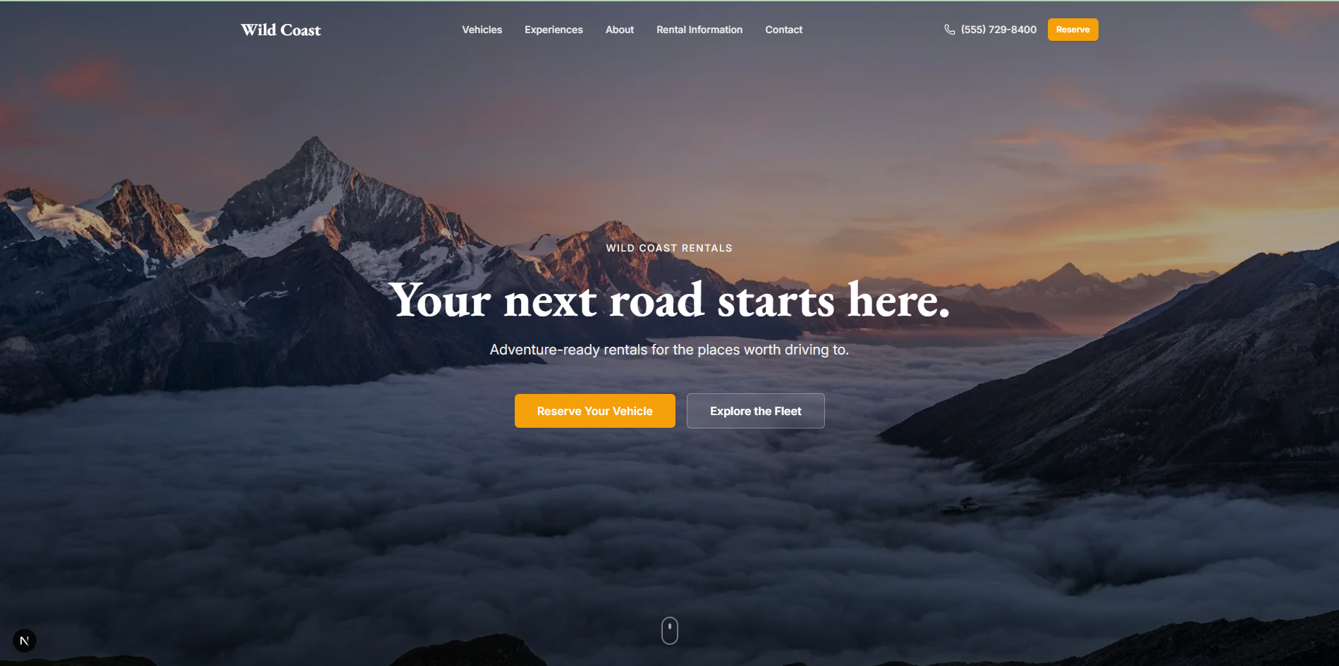Wild Coast rental website template showing immersive hero and Reserve Your Vehicle