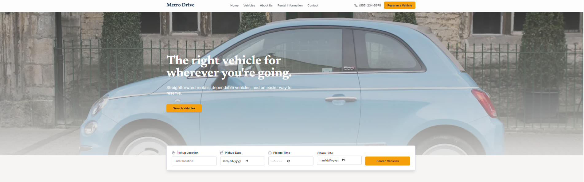 Metro Drive rental website template showing vehicle-focused hero and booking search