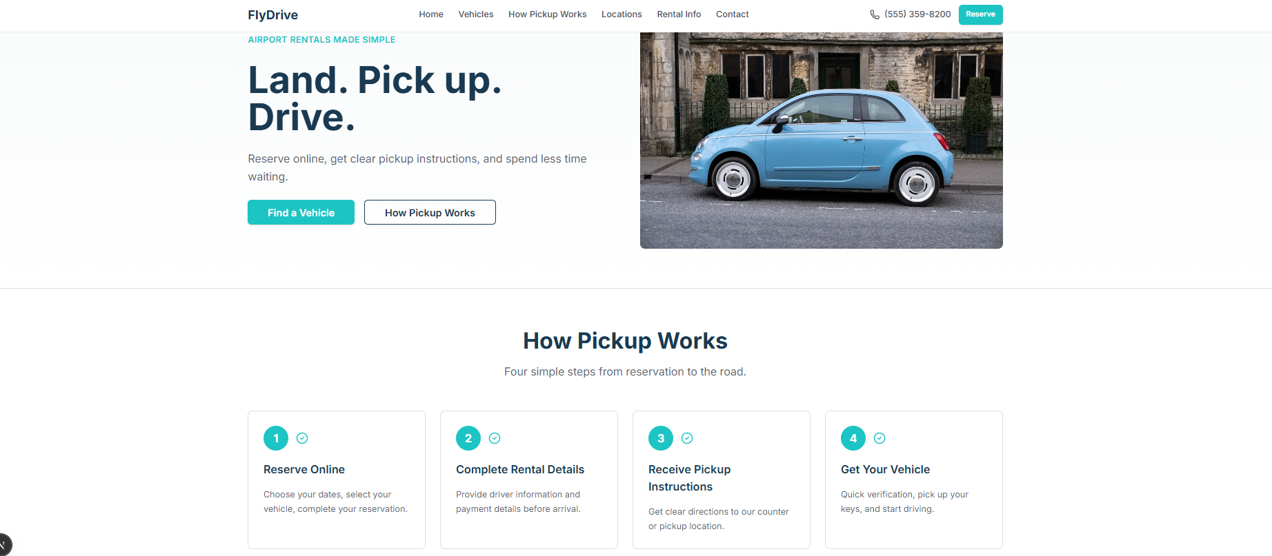 FlyDrive template showing Land. Pick up. Drive., Find a Vehicle, and How Pickup Works
