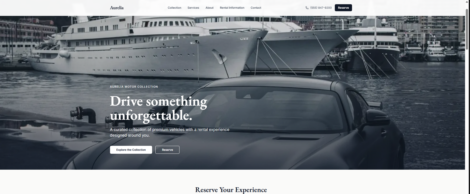 Aurelia template showing Drive something unforgettable, Explore the Collection, and Reserve Your Experience