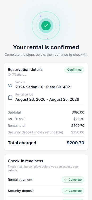 Scan & Go rental confirmation screen showing reservation details and check-in requirements