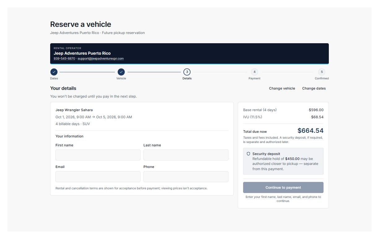Street Rental reservation details interface showing pricing, taxes, and deposit requirements