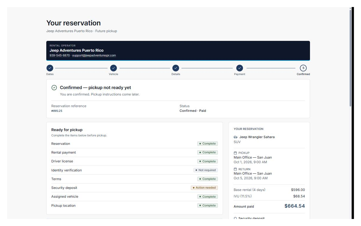 Street Rental pickup readiness interface showing operational requirements